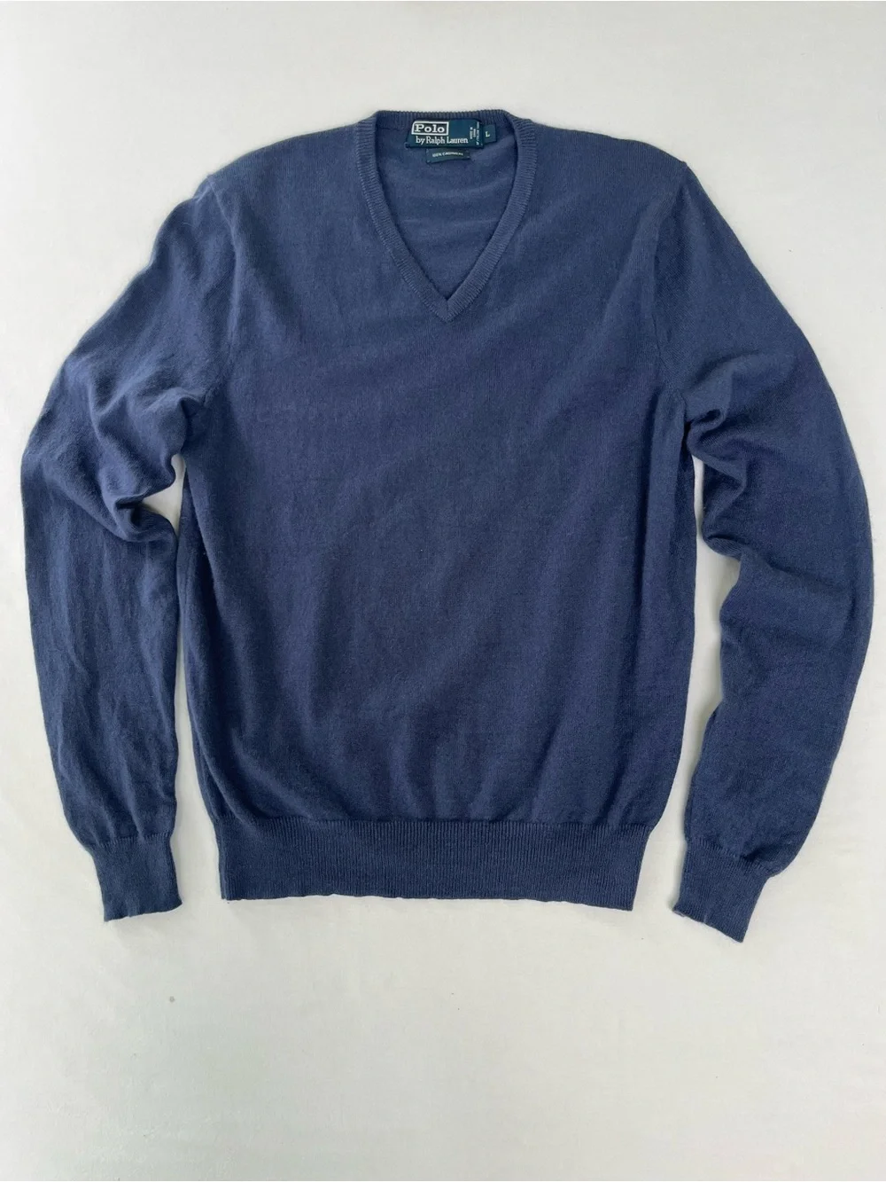 POLO Ralph Lauren Vintage Men Navy V-Neck 100% Cashmere Sweater Old Money Luxury